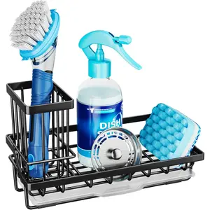 Sponge Holder for Kitchen Sink - Kitchen Sink Caddy Organizer with Removable Drip Tray for Countertop Dish Soap Dispenser Brush Storage Accessories 304 Stainless Steel - Black