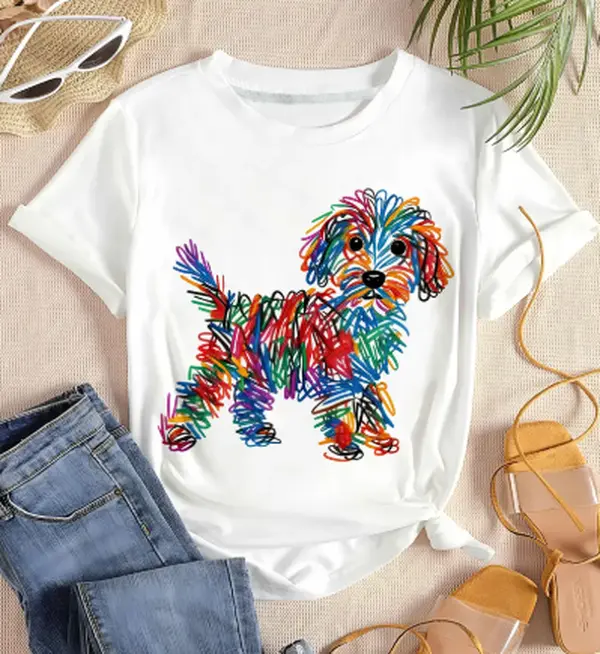 Colorful Scribble Goldendoodle Dog T-Shirt, Abstract Doodle Dog Graphic Tee, Dog Lover Casual Short Sleeve Shirt Women