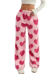 Pink heart-patterned plush lounge pants, soft, loose-fitting wide-leg casual pants, perfect for transitioning from winter to spring, perfect for sleeping at home.