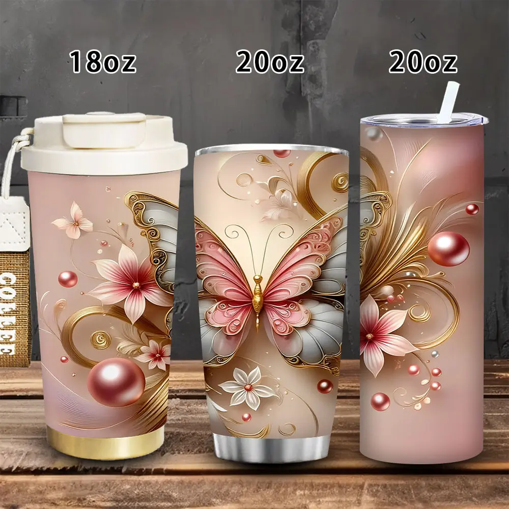 1pc 18oz/20oz Elegant Butterfly & Pearl Accents Vacuum Flask Tumbler with Lid+Straw, Winter Insulated Travel Mug, Gift Idea for Women, Ideal for Valentine’s Day, Iced/Hot Coffee Cup, Flasks