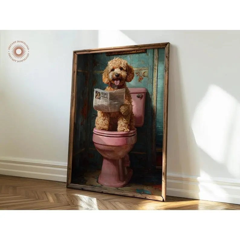 Funny Goldendoodle Bathroom Print, Quirky Toilet Wall Art, Wash Your Paws, Digital Download, Funny Pet Portrait, Goldendoodle Gift, Cute Dog