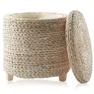 Casafield 17" Round Storage Ottoman with Lid, Whitewash Water Hyacinth, Woven Wicker Footstool for Living Room, Bedroom, Bathroom, Home Office