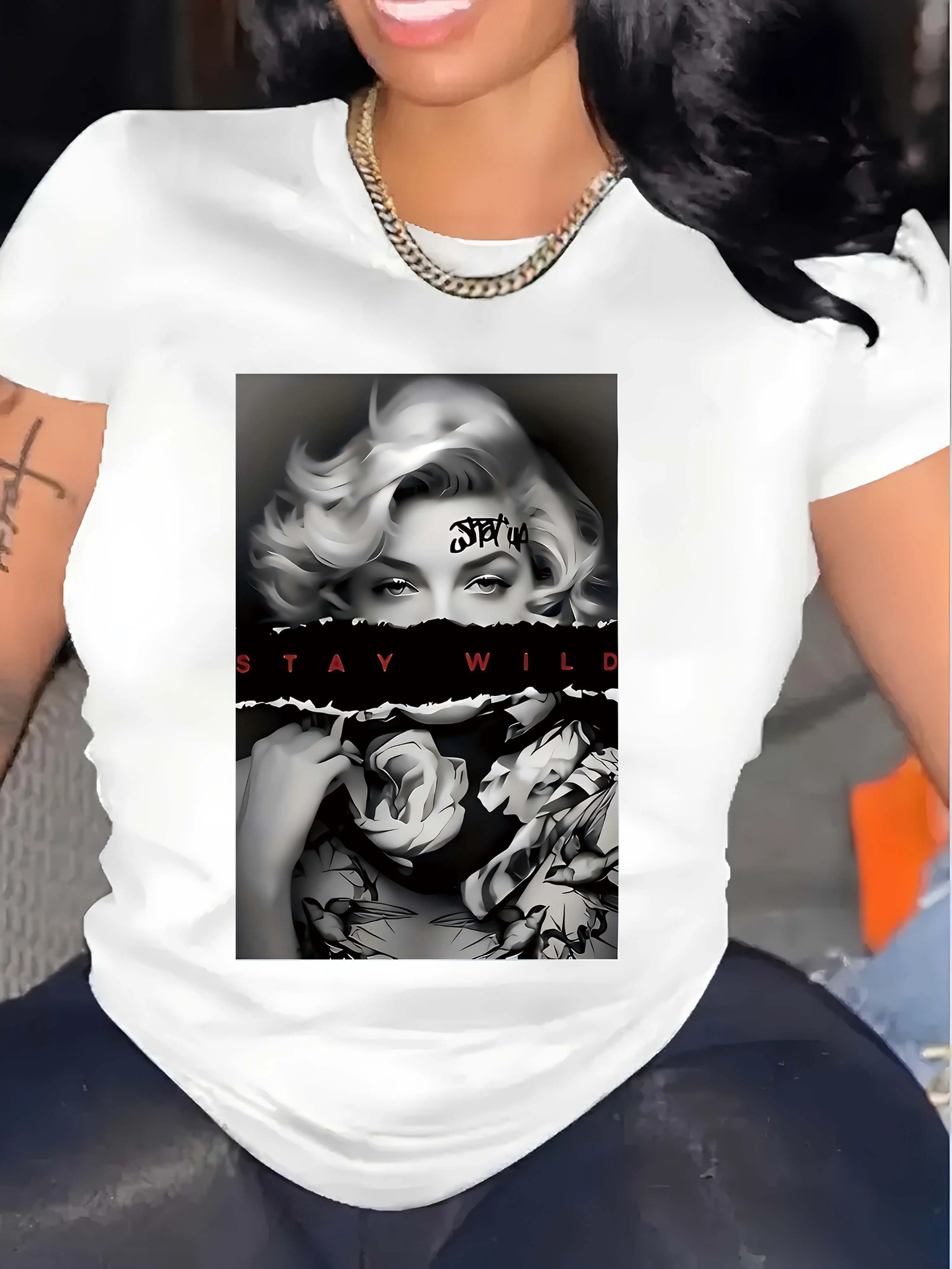 Marilyn Monroe Stay Wild Graffiti Edgy Graphic Novelty Tee For Women Womens 100% Cotton Vintage Streetwear T Shirts Casual T-Shirt