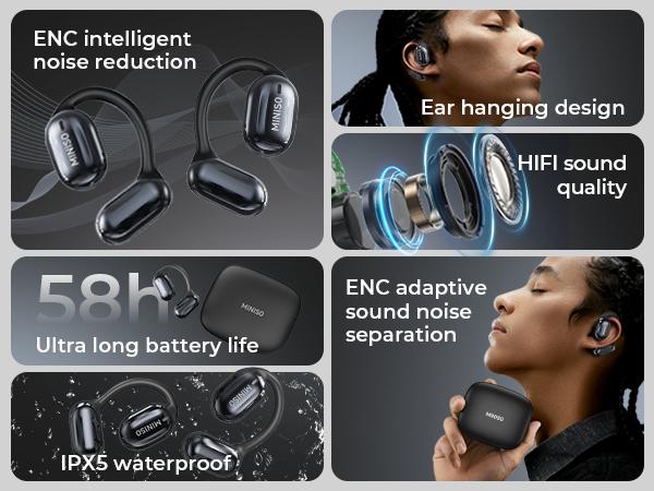 MINISO OWS Bluetooth Earphones, Digital Battery Display, Wireless Headset Headphones, IPX5 Waterproof & Sweatproof, Bluetooth for Gym, Traveling Gadgets, Gift Ideas for Men & Women
