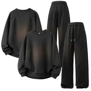 Men's Plain Waffle Checked Crew Neck Long Sleeve Sweater and Elastic Drawstring Straight Pants Set, worn in spring and autumn