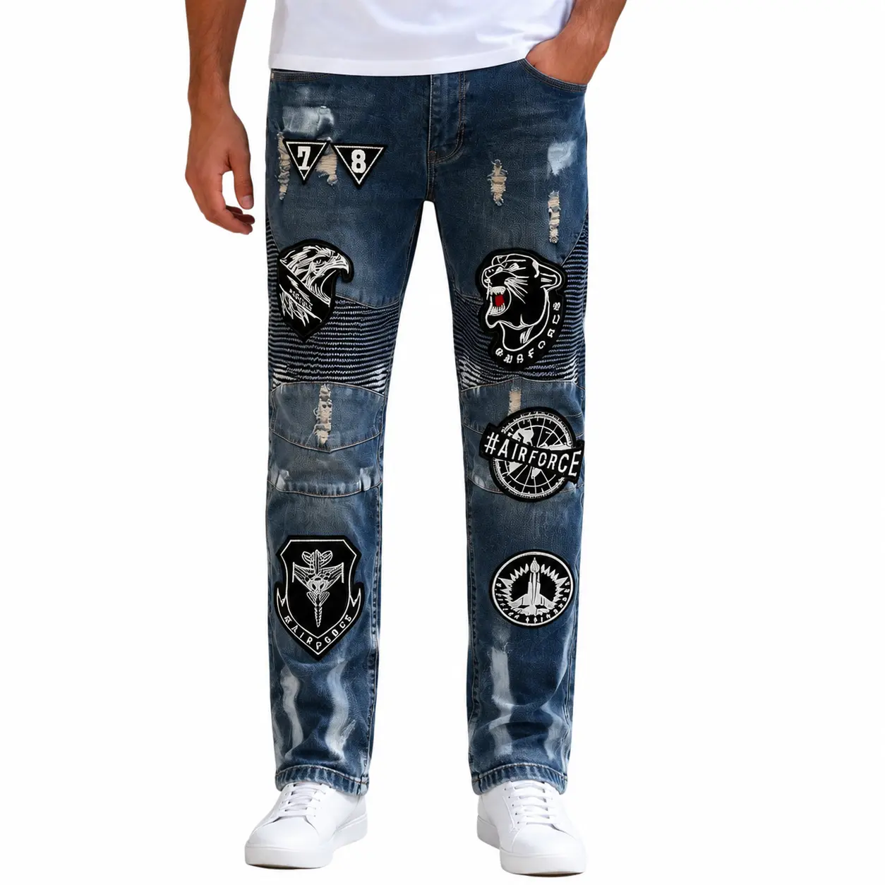 Men’s Dark Wash Embroidered Patch Jeans, Distressed Graphic Denim Pants with Textured Panels, Y2K Hip Hop Streetwear
