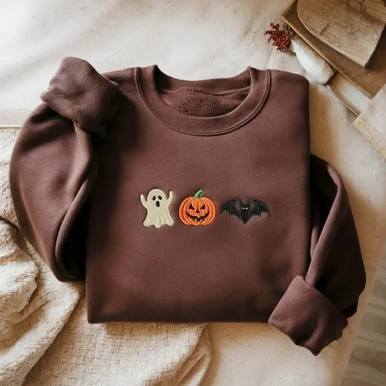 EMBROIDERED Cute Fall Halloween Sweater, Ghost Pumpkin Autumn Leaves, Fall Vibe Shirt, Halloween Crewneck