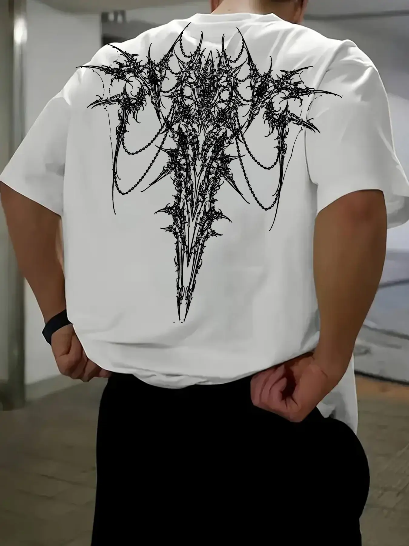 Dark Thorn Metal Chain Graphic Short Sleeve T-Shirt Man, Trendy Streetwear Fashion 100% Cotton Casual Top, Loose Fit High Street Couple Design