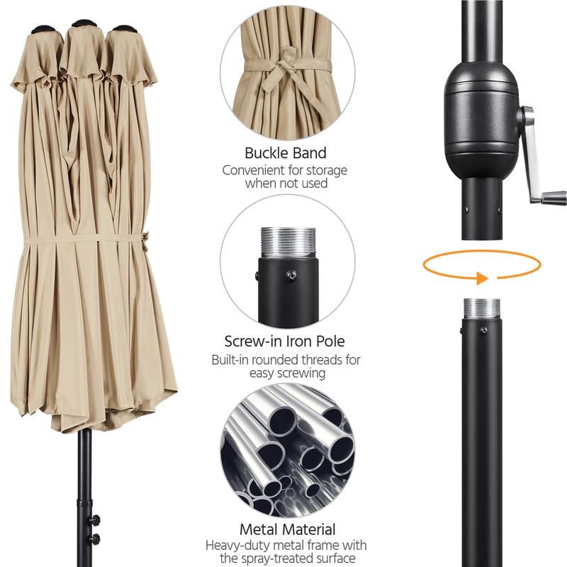 Yaheetech 15/13ft Heavy Duty Canopy Double Layer Cloth Patio Umbrella with 12 Ribs Hand Crank for Easy Opening 2 Sandbags Outdoor Design for Garden Pool and Lawn