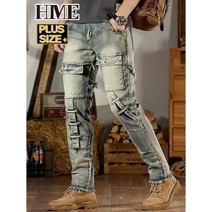 Big & Tall Men's Cargo Biker Jeans Cotton Blend Stretch Vintage Washed Distressed Denim Streetwear Pants