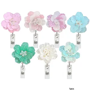 Elegant Floral Expandable Badge Reel, Handmade Pearl & Crystal Decorated Badge Clip, Rotating Crocodile Clip, Perfect Gift for Nurses, Teachers, Office Staff