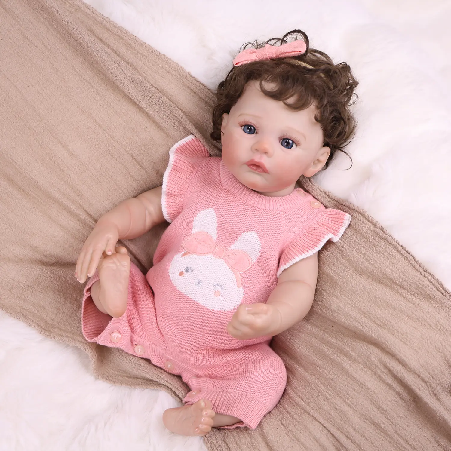 KEIUMI 18-in Lifelike Newborn Dress Up Doll, Soft Silicone with 360° Rotatable Flexible Joints, Hand-Implanted Eyelashes, High-Temp Silk Brown Curly Hair, Blue Eyes, Cute Bunny Knit Sweater Set, Soft Cuddly Gift for Kids 3+ to Foster Kids' Empathy