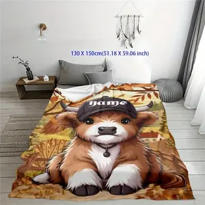 1 Piece Custom Highland Cow Flannel Blanket, Soft Polyester Fiber Bed Sheet, Suitable for Bed, Sofa, Office - Thick Knitted Country Style, Suitable for All Seasons - Multifunctional, Suitable for Camping and Home Decoration - Machine Washable - Cartoon P