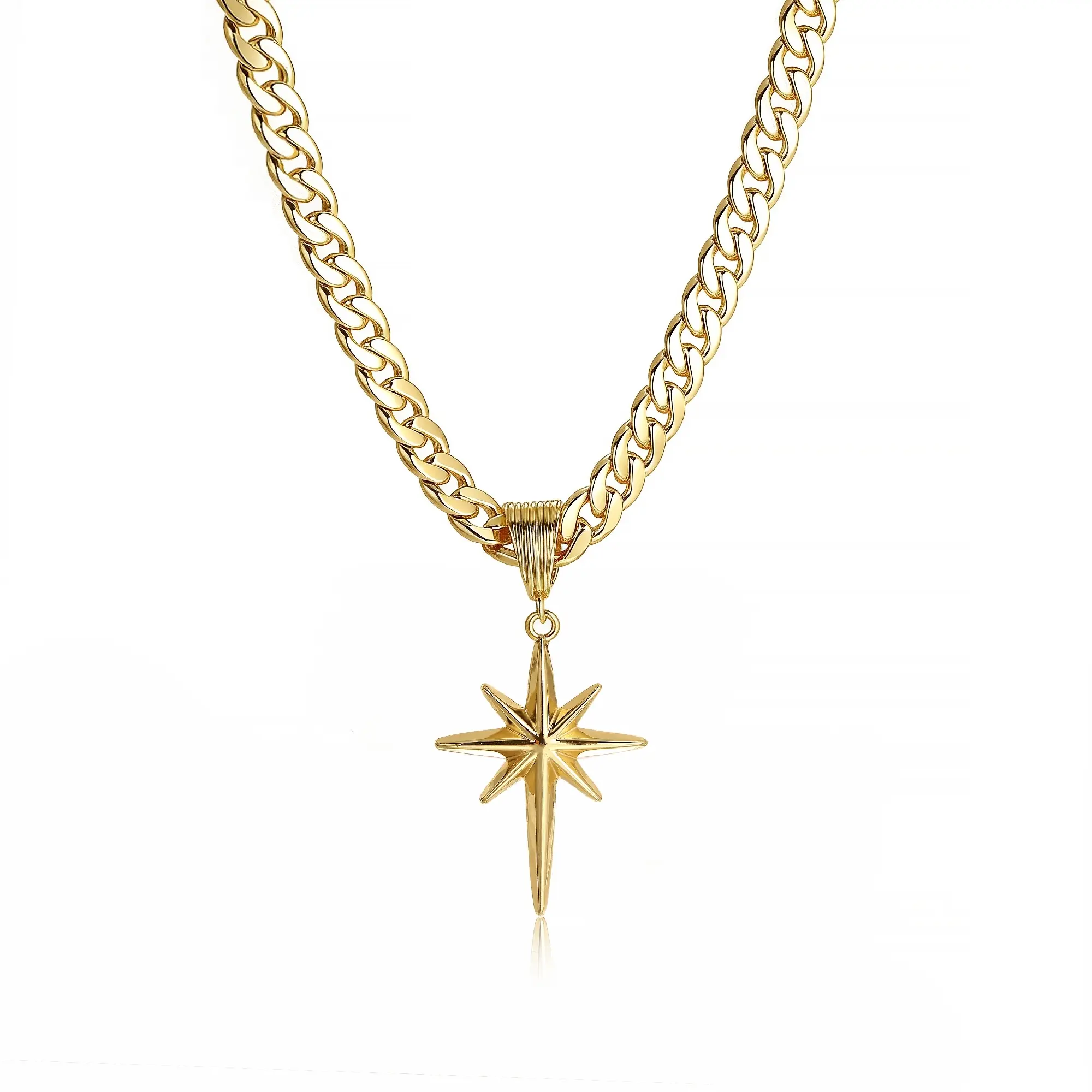 Tewiky 14K Gold Plated Necklaces, North Star Curb Chain Pendant / Herringbone Flat Choker, Stackable Daily Jewelry for Back to School Gift