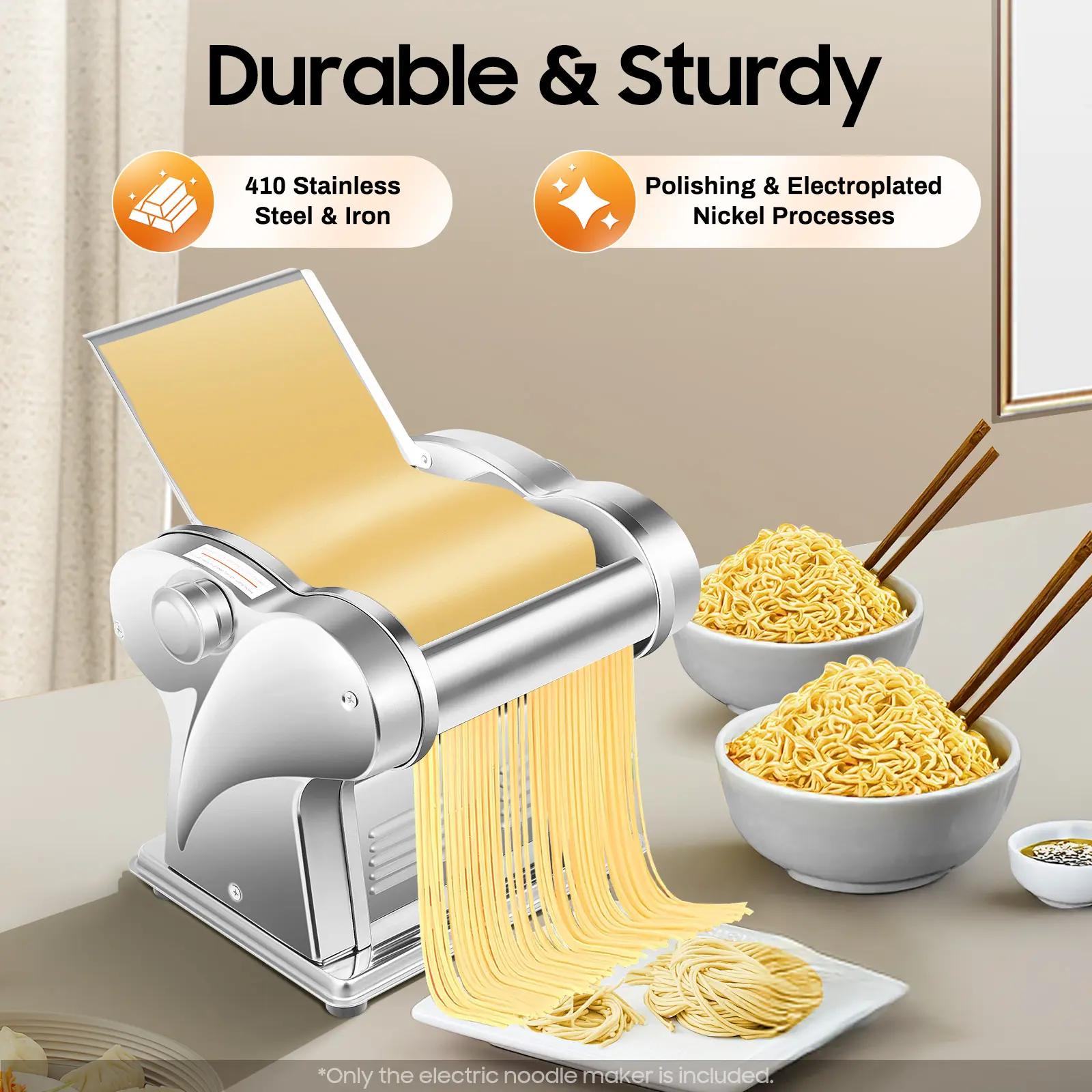Stainless Steel Electric Pasta Maker Machine - 135W Motor Kitchenware, Automatic Pasta Making Tools with 8 Adjustable Thickness Settings, 2mm-4mm Dual Cutters for Dumpling Wrappers & Noodle, 110V Silver Home Cooking Equipment