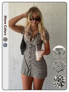 Women's Gingham Print Collared Woven Shirt Dress, Casual Chic Fitted Short Sleeve Dress for Summer, Fashion Women's Clothes for Daily Wear, Womenswear