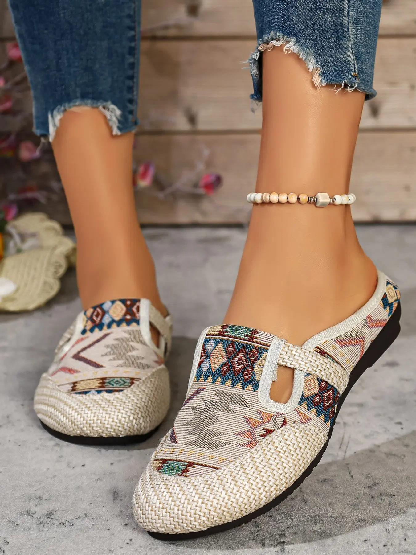 Women's Bohemian Braided Mule Sandals, Ethnic Flat Shoes, Casual Slip-On Cool Slippers, Hollow Out Design, Anti-Slip, Rubber, Spring Summer Fall, Slip On Mules, Woven Mule Sandals