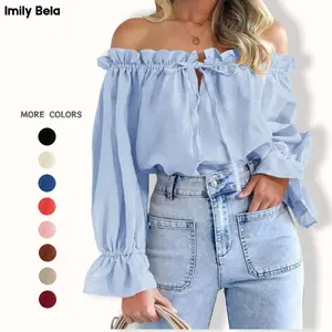 Imily Bela Womens Off The Shoulder Tops Puff Long Sleeve Tie Front Loose Fit Ruffle Shirts Blouses Imily Bela Womens Off The Shoulder Tops Puff Long Sleeve Tie Front Loose Fit Ruffle Shirts Blouses
