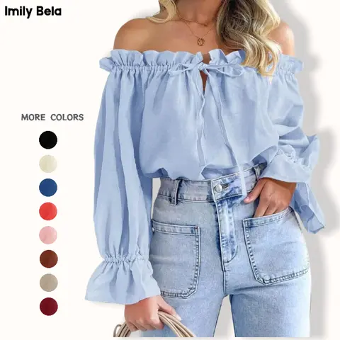 Imily Bela Women's Elegant Off-Shoulder Tops, Puff Long-Sleeve Tie-Front Loose-Fit Ruffle Blouses