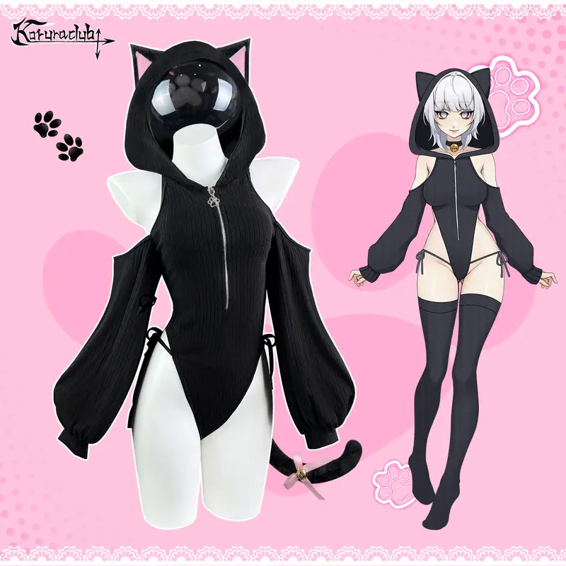 KORURACLUB Women's Cartoon Cat Bodysuit Set - Ears, Tail, Cute Clothes for Halloween Costume Last Minute, Con-Day Party Outfit,sohochic