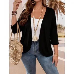Fashion Women Womenswear 3/4 Sleeve Open-Front Knitwear Cardigan, Curve Plus Size Loose Casual Versatile Wear Casual Everyday Wear Layering Tops Y2K Clothes Street Style Daily Office Wear Trendy Date Outfits Cozy Coffee Shop Wear Spring