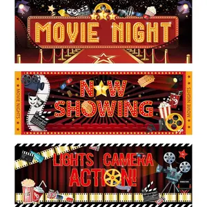 3 count Movie Night Party Decorations Movie Theme Backdrop Banner Theater Now Showing Lights Camera Action Sign Red Carpet Photography Background for  Film Party Supplies 38''x 14''