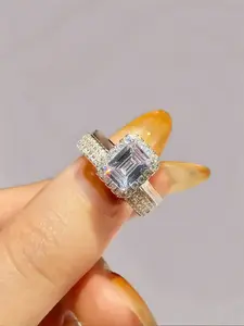 2 Pc/Set Luxury Rectangle Zircon Engagement Rings For Women Real S925 Sterling Silver Eternal Promise Wedding Ring Ladies Fine Jewelry Anniversary Gift Girlfriend Gift Birthday Gift Dating Gift Valentine's Day Gifts