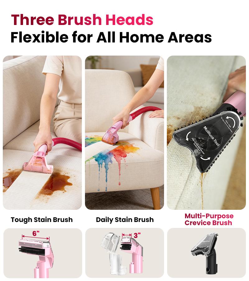 [Memorial Day Sale] Upholstery Carpet Vacuum Cleaner, 18KPa Suction Spot Cleaning Machine for Pet Stains, Carpets, Sofa, Car Seats, Mattress, with 3 Multipurpose Cleaning Tools, 6'' Deep Cleaning Brush | Portable 3-in-1 Little Pink C9S pet lovers