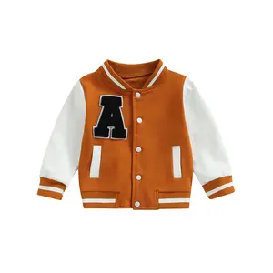Toddler Baby Boy Girl Baseball Varsity Jacket Contrast Color Long Sleeve Button Front Letterman Bomber Outwear Coat Fall Winter Clothes