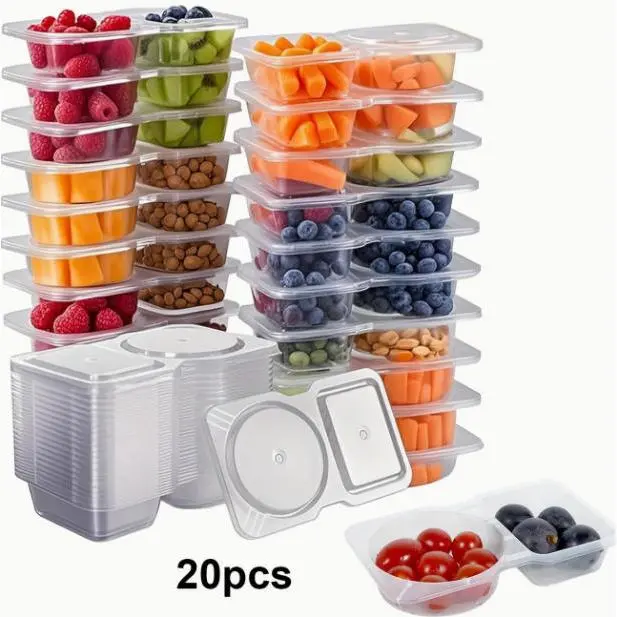20pcs Plastic Food Storage Containers - Reusable Rectangle, Airtight Double Compartments with Lids, Hand Wash, Snack Holder, Meal Prep Organiser for Portion Control, On-the-Go Use