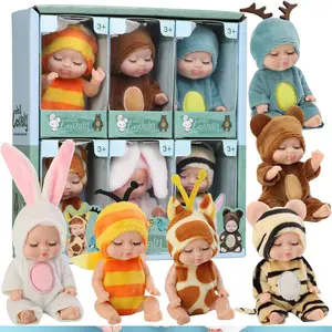 6Pcs 4 Inch Mini Reborn Baby Dolls Toy Set Realistic Baby Doll with Cute Animal Clothes Gifts for Birthday Christmas Exquisit