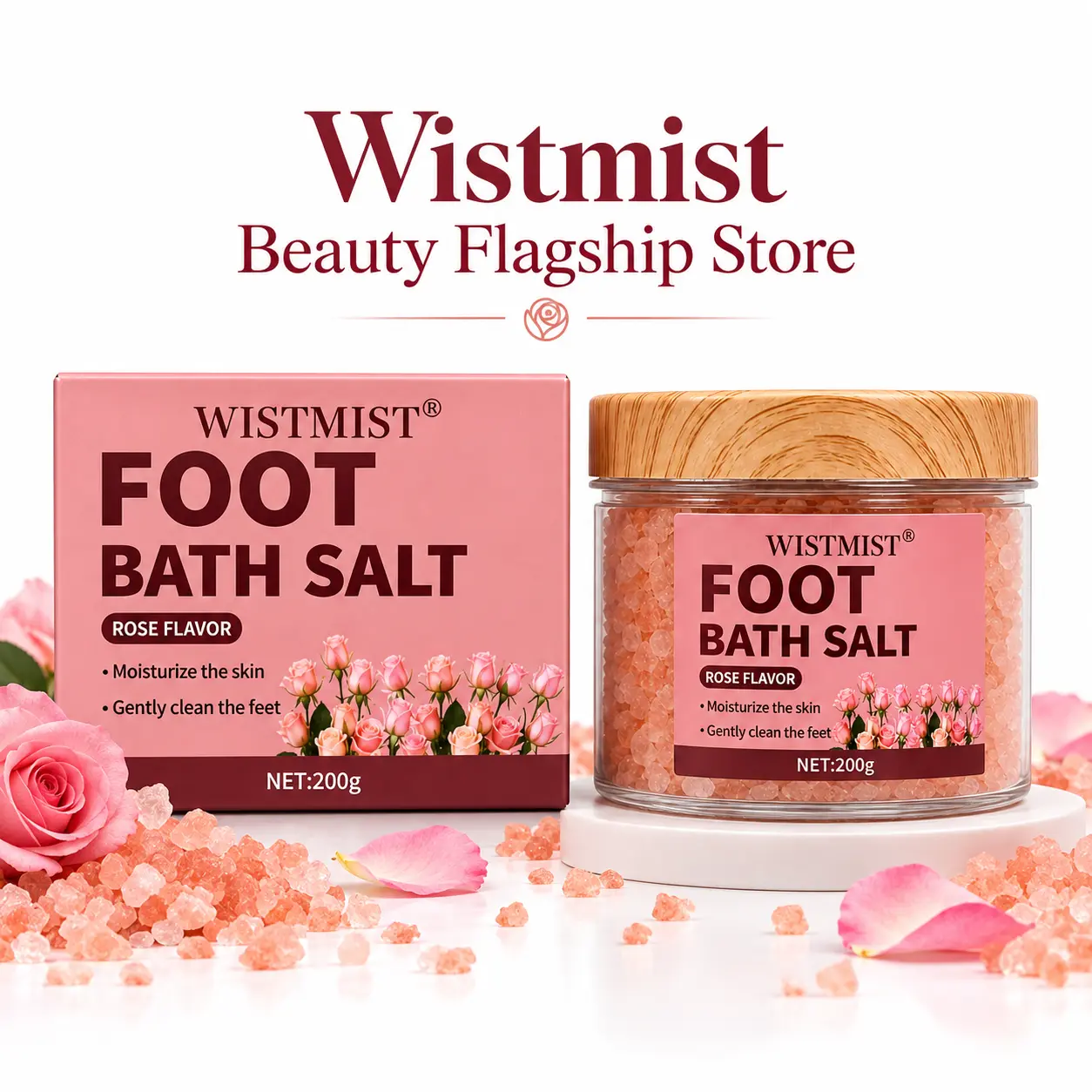 WISTMIST Rose Scented Foot Bath Salt, 200g Gentle Soak for Pedicure & Daily Hand-Foot Care plantifique