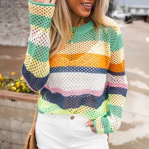 Green Colorblock Patchwork Knit Crochet Eyelet Sweater