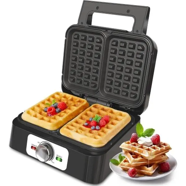 Stainless Steel 2-Slice Belgian Waffle Maker, Electric Waffle Iron with Adjustable Browning Control, Non-Stick Plates, Quick Breakfast Machine for Household Use