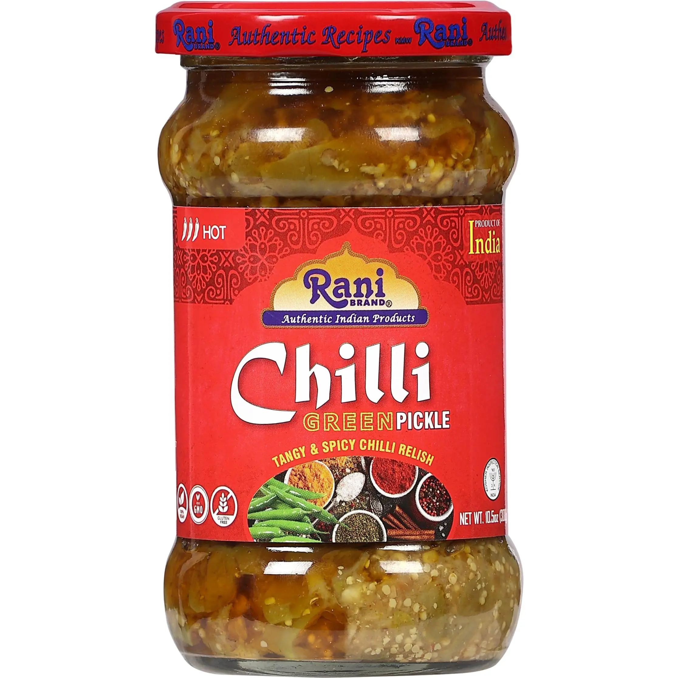 Rani Green Chilli Pickle Hot (Achar, Spicy Indian Relish) 10.5oz (300g)  ~ Glass Jar, Natural | Vegan | Gluten Free | NON-GMO | Kosher | No Colors