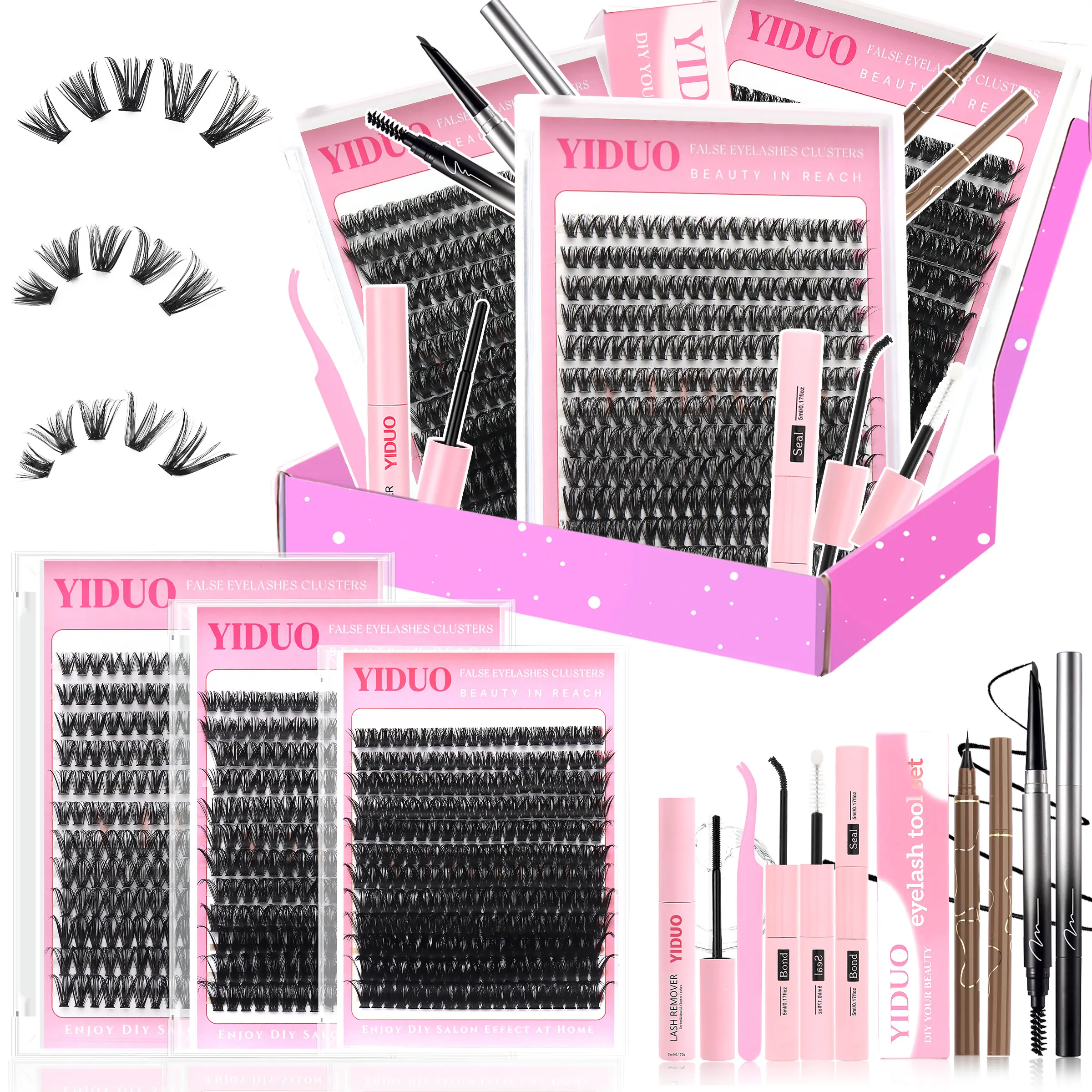 3 Styles Lash Clusters Kit with Bond and Seal Kit, Eyelashes Extension Set, Cluster False Eyelashes, Double-ended Eyebrow Pencil, Waterproof Eyeliner, 40D+60D+80D Lashes Extensions 10-18mm Natural Wispy D Curly Salon Look at Home, Long-Lasting Effect DIY