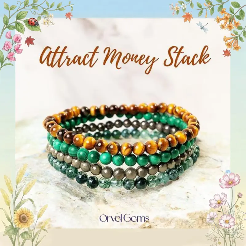4mm Beads Delicate Attract Money Crystal Bracelet Stack | Pyrite, Tiger's Eye, Moss Agate, Malachite Dainty Beads | Jewelry for Healing