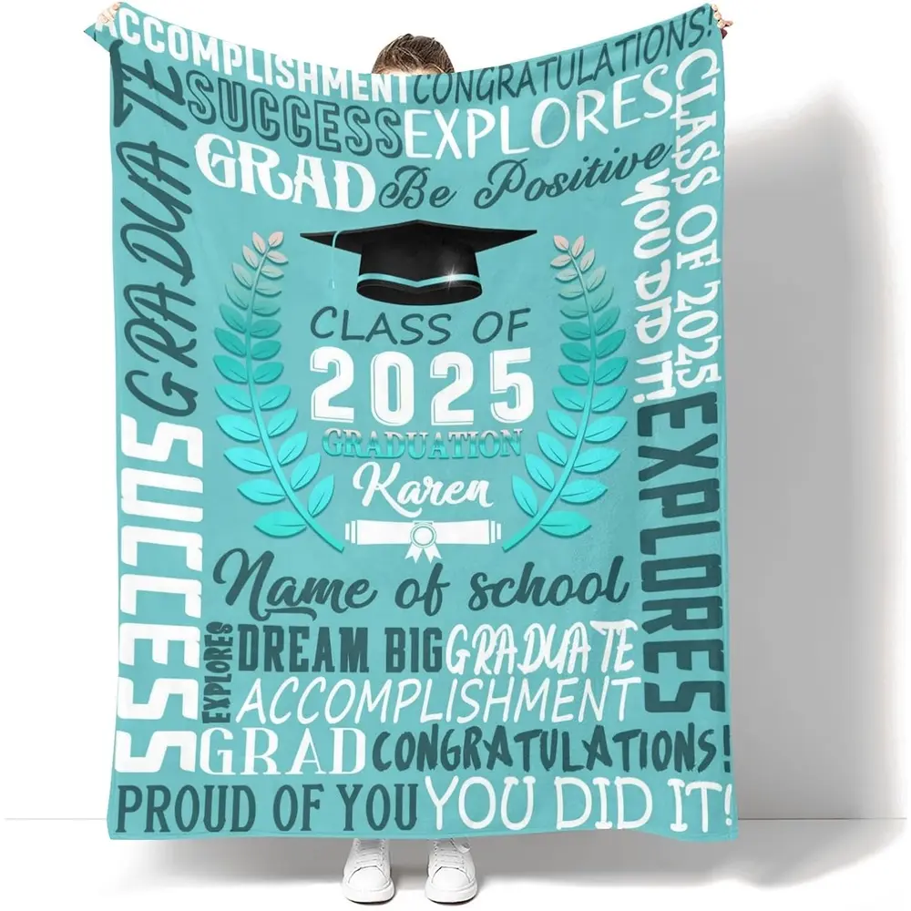 Custom Graduation Blanket – Personalized Name Blanket with School Name & Class of 2025, Graduation Gift for High School & College Seniors