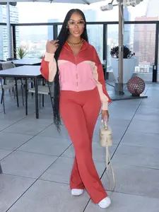 Women's Colorblock Zip Up Jacket & Plain Flare Leg Pants Two-piece Set, Casual Long Sleeve Collared Outerwear & Bell Bottom Trousers for Daily Wear, Ladies Fall & Winter Clothes, Casual Fashion Set
