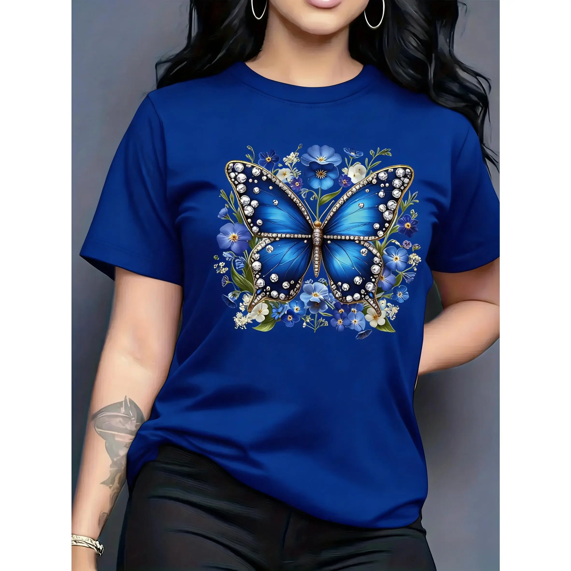 100% pure cotton, available in multiple colors, unique butterfly and flower pattern short-sleeve round-neck casual T-shirt, suitable for outdoor and indoor wear, gift, birthday gift, women's clothing gift