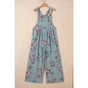 Beau Blue Floral Print Pleated High Waist Wide Leg Denim Jumpsuit