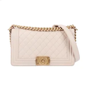 Pre-owned CHANEL Calfskin Crossbody Bag Le Boy Medium Size Beige 39032773 lkz