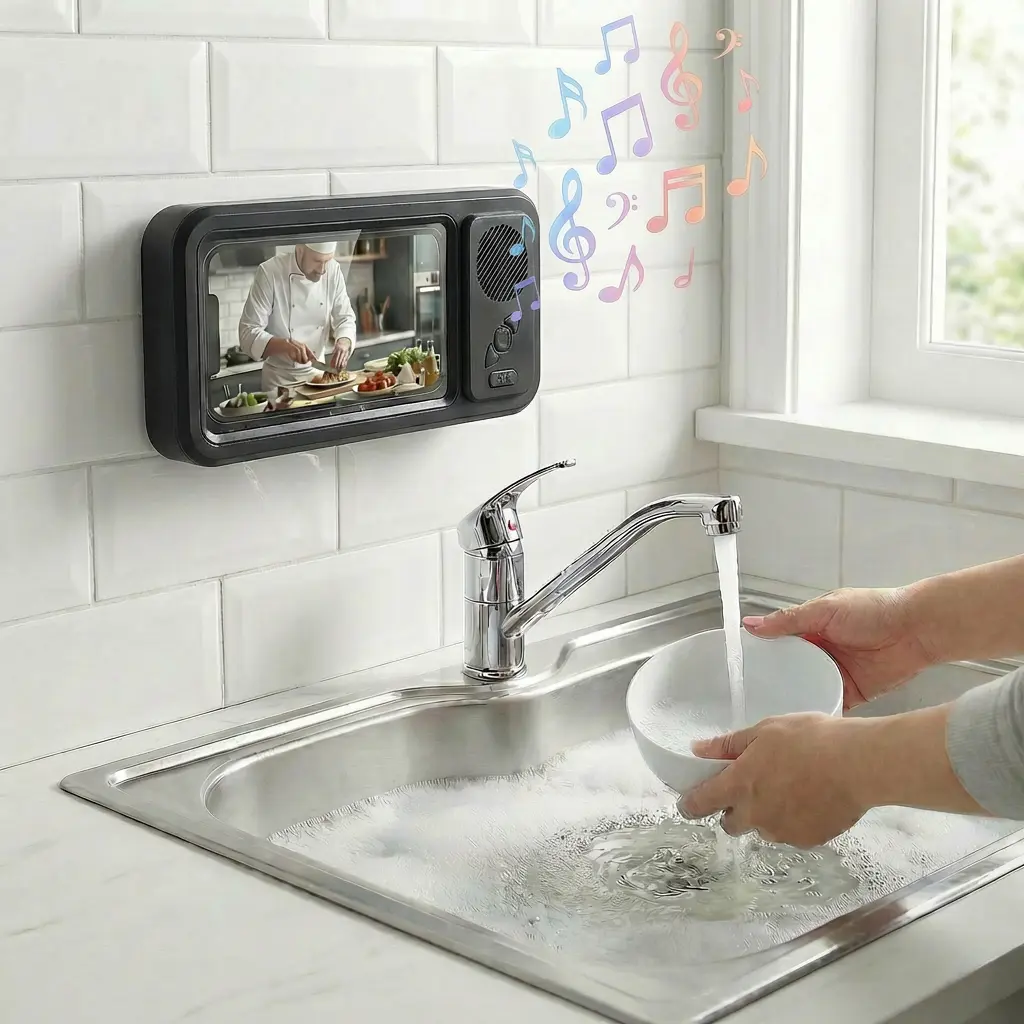 SummerVibes,Waterproof Box Speaker, 360° Rotating Touch Screen to Watch Movies & Take Hands-Free Calls | Your Phone Holder & Portable Subwoofer | IPX5 Waterproof Degree | Perfect for Shower, Pool, Kitchen, Sink.