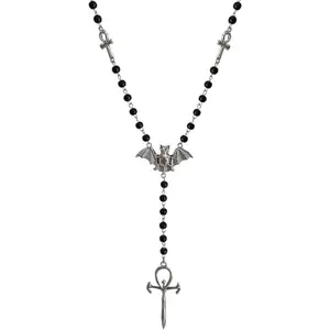Bat Necklace Religious Grunge Gothic Vampire Black Long Rosary Beaded Ancient Egyptian Necklace for Women