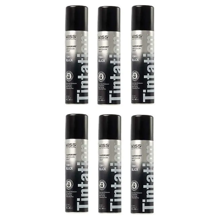 Unisex 2.82oz No Bleach Hair Color Aerosol Spray (6-Pack Kiss Tintation TCS01 Black) Haircare Product with Citric Acid, Hydrolyzed Collagen, Coceth-7, Amodimethicone, Easy Application, Bold and Daring Look, Long-Lasting Root Touch-Up for Boring Hair Days