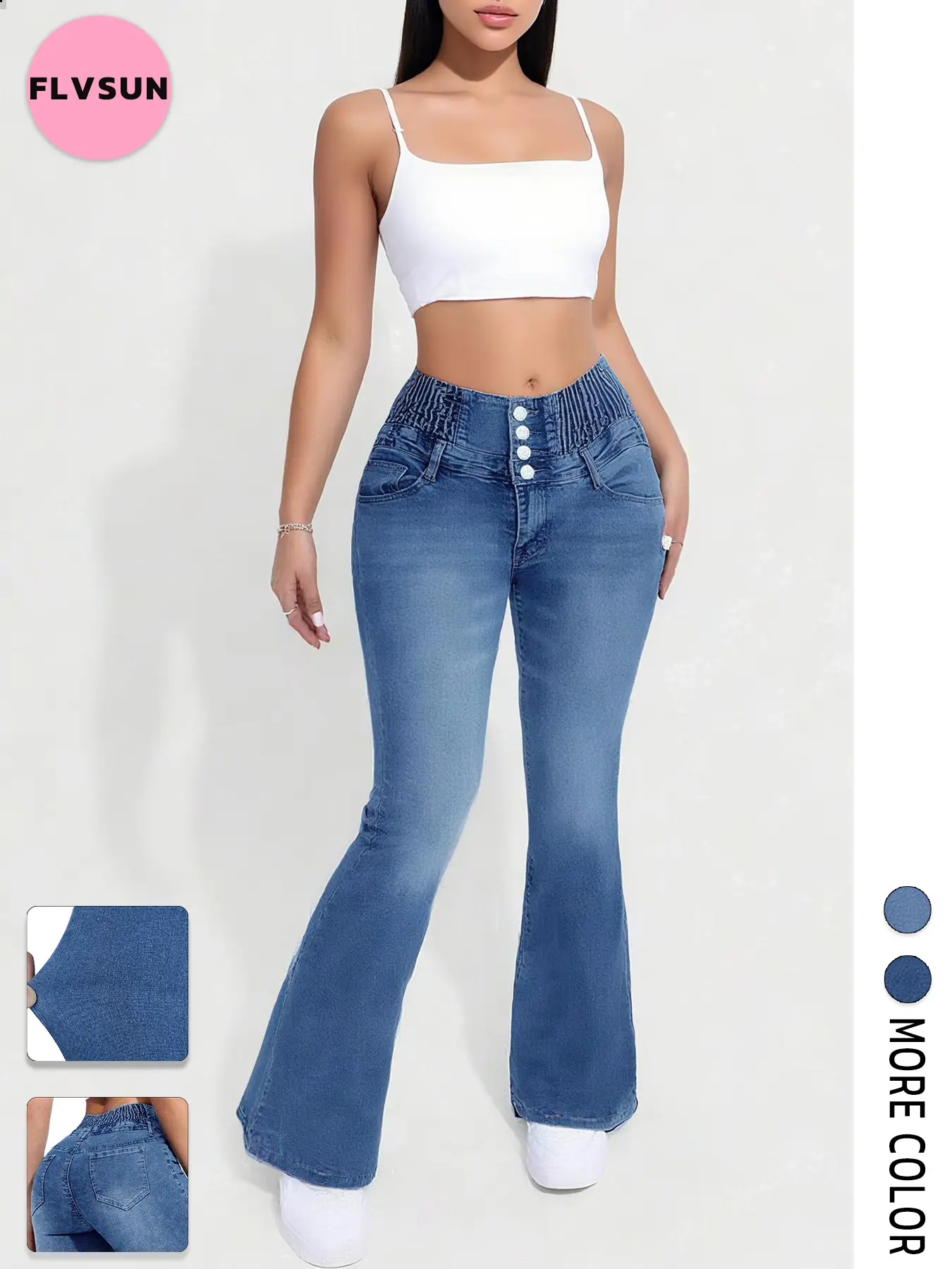 Women's High-Waisted Washed Tummy Control Flare Jeans - 4-Button Waistband, Cold-Wash Cotton, Vintage Stretch Bell Bottoms with Pockets, Casual Denim Trousers for Casual Streetwear, Jean Pant for Ladies