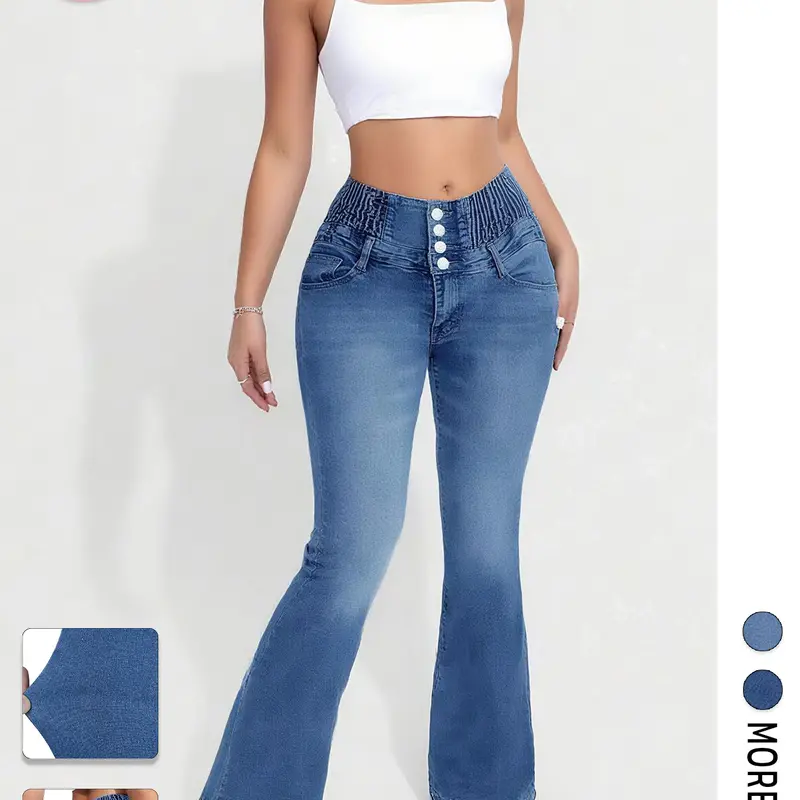 Women's Minimalist High-Waisted Washed Tummy Control Bell Bottom Jeans - 4-Button Front, Cold-Wash Cotton Blend, Soft Stretch Fabric, Ankle Length, Pockets, BBL Jeans, 90s Denim Look, Casual Denim Trousers, All Seasons Stylish Basic Bottoms