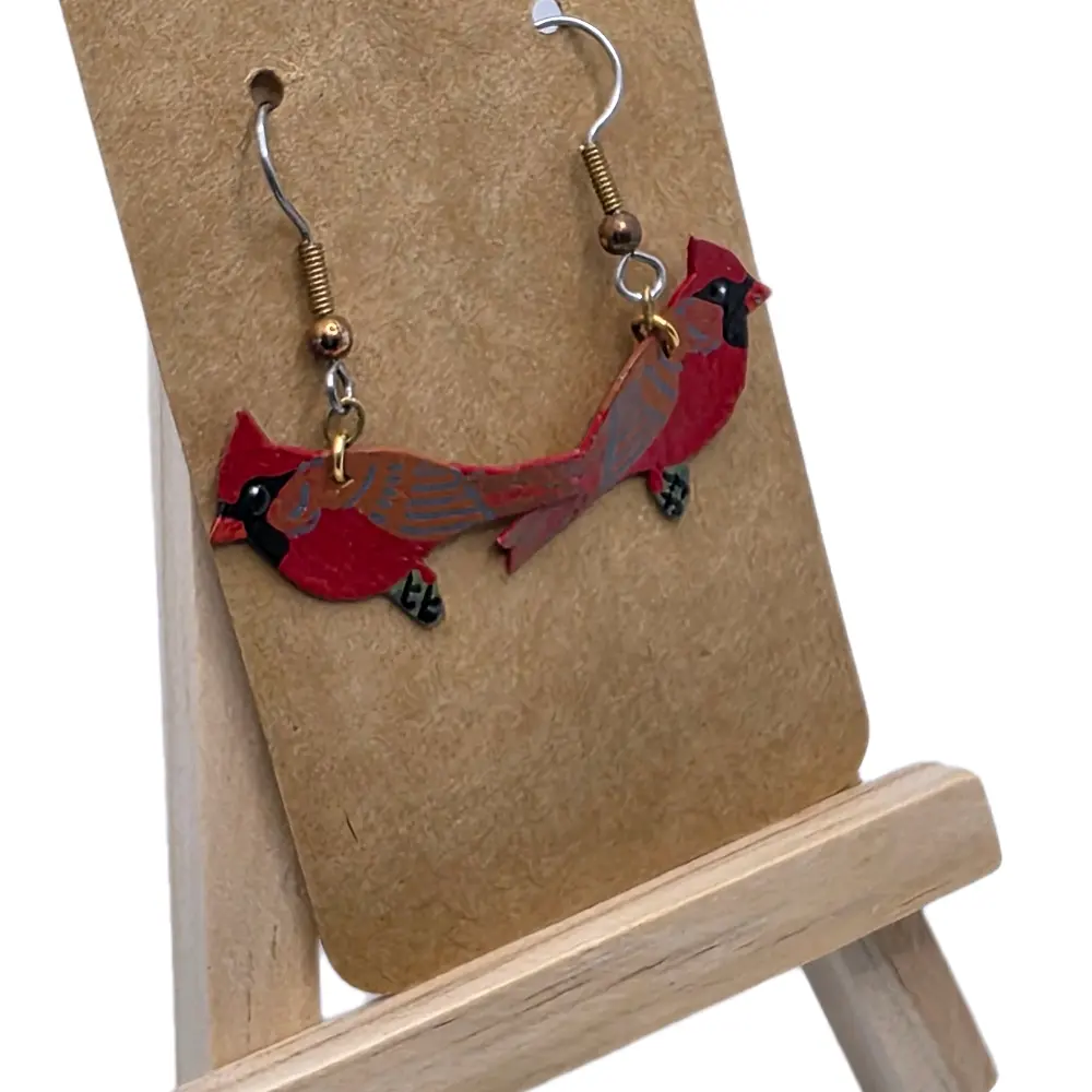 Women's Specialty Art Handpainted Cardinal Bird Earrings - Casual Synthetic Costume Jewelry with Red Bird Design, Faux Fur Details, PU Leather Accents, Elegant, Female