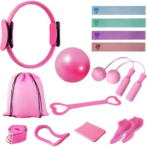 Pilates Kit for Women, Workout Set with 12.9" Ring, 9.8" Mini Ball, 4 Fabric Bands, Figure-8 Band, Stretch Band, D-Ring Strap, Cordless Jump Rope, Socks, Carry Bag