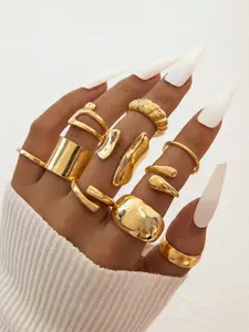 10 Piece Set Exaggerated Personalized Boho Rings Unisex Fashion Trendy Joint Rings Unique Jewelry Adjustable Stacking Open Circle Rings
